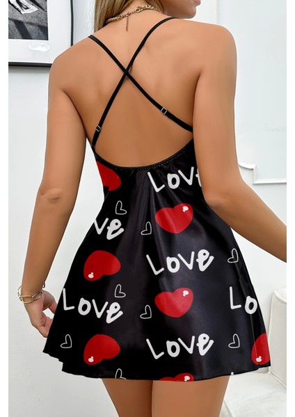 Aşk Temalı Kalp Desenli Siyah Saten Gecelik fiyatları