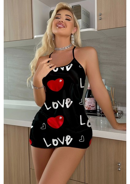 Aşk Temalı Kalp Desenli Siyah Saten Gecelik modelleri
