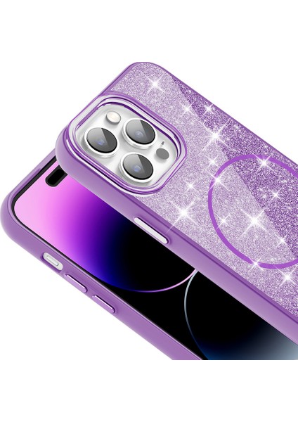 Apple iPhone 14 Pro Max Kılıf Magsafe Şarj Özellikli Parlayan Simli Okso Kapak - Pembe