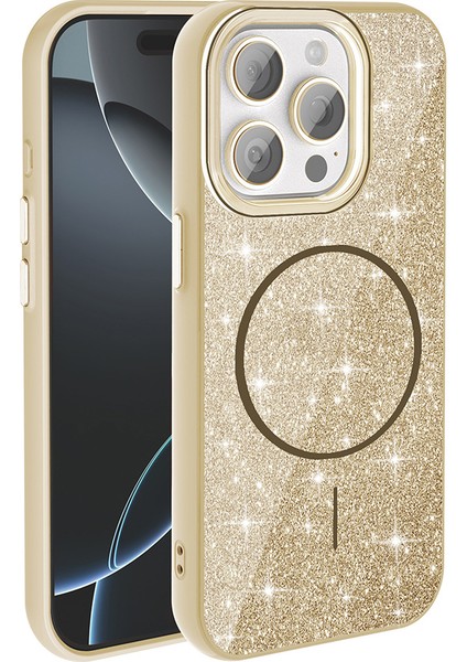 Apple iPhone 15 Pro Max Kılıf Magsafe Şarj Özellikli Parlayan Simli Okso Kapak - Gold