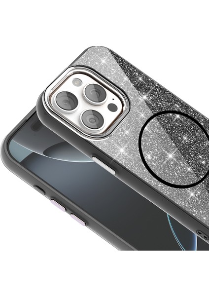 Apple iPhone 15 Pro Max Kılıf Magsafe Şarj Özellikli Parlayan Simli Okso Kapak - Gold