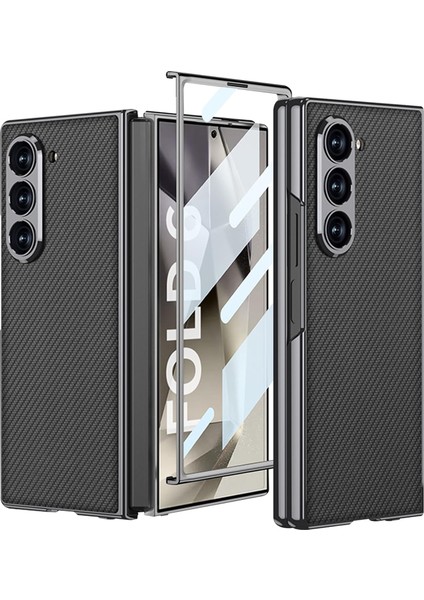 Samsung Galaxy Z Fold 6 Uyumlu Kılıf Kamera Korumalı Arka Yüzeyi Karbon Fiber Tasarımlı Metal Kapak