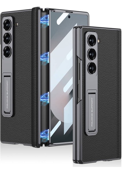 Samsung Galaxy Z Fold 6 Uyumlu Kılıf Kamera Korumalı Arka Yüzeyi Standlı Deri Dikişli Premium Kapak