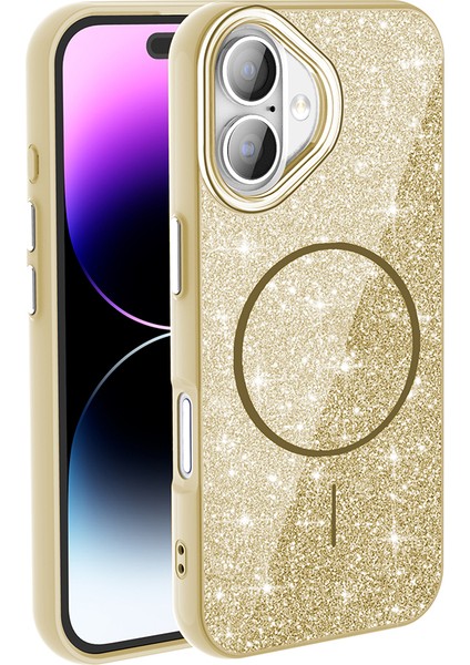 Apple iPhone 16 Plus Kılıf Magsafe Şarj Özellikli Parlayan Simli Okso Kapak - Gold