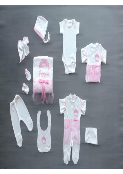 Taçlı Prensesim Nakışlı Cotton Antibakteriyel 10LU Zıbın Takımı Hastane Çıkışı Pembe