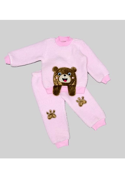 Sallanan El Ayıcıklı Kuzu Kumaş Sweat Patili Pantolon Uzun Kollu Kız Erkek 2 Li Takımı Pembe