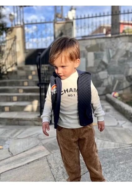 Fitilli Kadife Pantolon Kapitone Kapşonlu Yelek Uzun Kollu Sweat 3lü Erkek Çocuk Takımı Füme