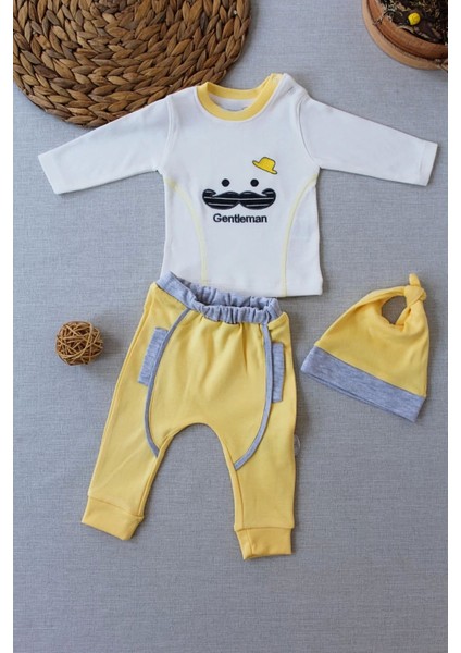 Gentleman Erkek Nakışlı Şapkalı Uzun Kollu Sweat 3lü Erkek Çocuk Takımı Sarı