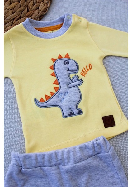 Minik Dino Nakışlı Şapkalı Uzun Kollu Sweat 3lü Kız-Erkek Çocuk Takımı Sarı