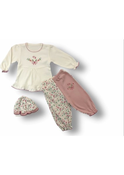 Tb Çiçek Nakışlı Şapkalı Uzun Kollu Sweatli 3lü Kız Bebek Takımı Ekru
