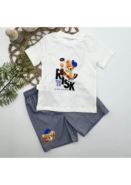 Kaykaycı Ayı Baskılı Şortlu Kısa Kollu Tişört 2li Erkek Bebek Takımı Indigo