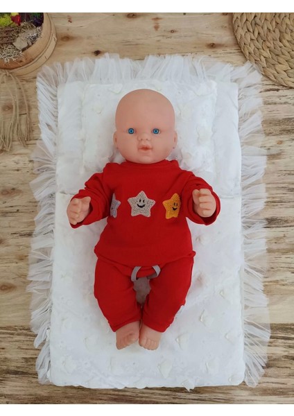 Yenidoğan Izmir Incisi Tül Işlemeli Pamuklu Fiyonklu Kundaklı Lüks 3lü Alt Açma Seti Ekru