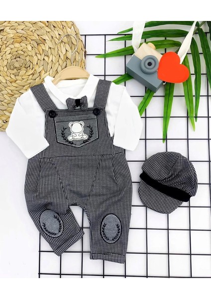 Papyonlu Kırçıl Nakış Detaylı Kasket Şapkalı Uzun Kollu 3lü Erkek Bebek Salopet Takımı Gri