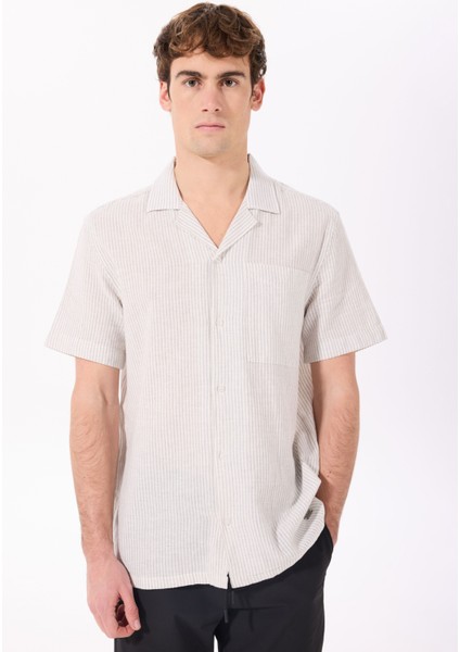 Ekru-Gri Erkek Apaş Yaka Relaxed Çizgili Gömlek J5SM-GML7298