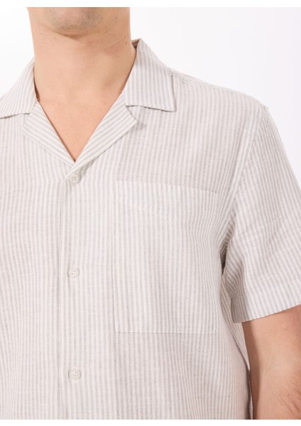 Ekru-Gri Erkek Apaş Yaka Relaxed Çizgili Gömlek J5SM-GML7298 fırsatları