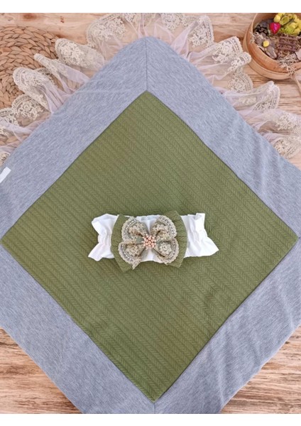 Yenidoğan Teri Cotton Taç Nakışlı Prizma Taş Kundak Bebek Battaniyesi Yeşil