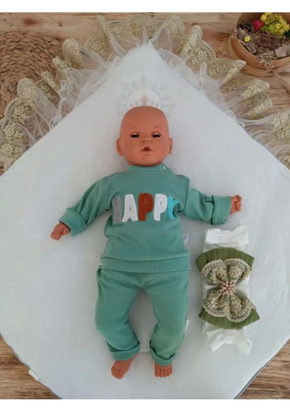 Yenidoğan Teri Cotton Taç Nakışlı Prizma Taş Kundak Bebek Battaniyesi Yeşil