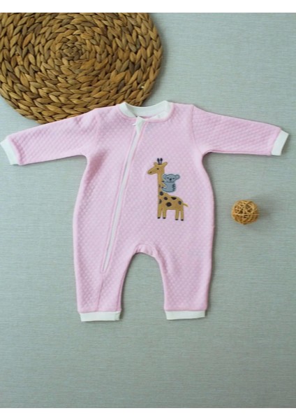 Animal Nakışlı Bal Peteği Kumaş Es Fermuarlı Kız Bebek Tulumu Pembe