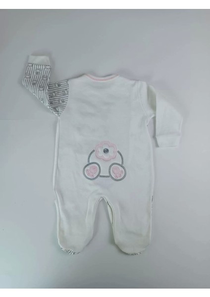 Minik Tavşan Nakışlı Boydan Çıtçıt Kapamalı Kız Erkek Bebek Tulumu Ekru
