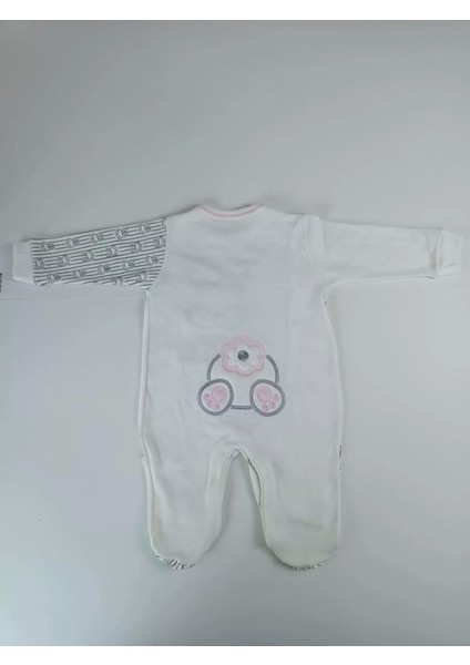 Minik Tavşan Nakışlı Boydan Çıtçıt Kapamalı Kız Erkek Bebek Tulumu Ekru
