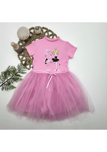 Flamingo Balerin Kız Baskılı Kurdela Kuşaklı Astarlı Kız Çocuk Tütü Elbise Pembe