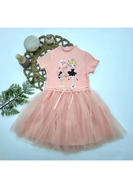 Flamingo Balerin Kız Baskılı Kurdela Kuşaklı Astarlı Kız Çocuk Tütü Elbise Somon