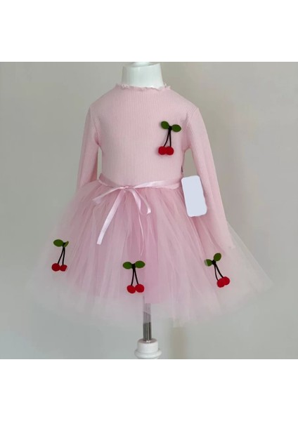 Kiraz Desenli Kurdela Kuşaklı Astarlı Uzun Kollu Kız Çocuk Tütü Elbise Pembe