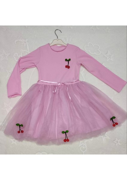 Kiraz Desenli Kurdela Kuşaklı Astarlı Uzun Kollu Kız Çocuk Tütü Elbise Pembe