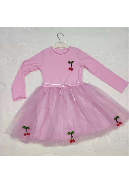 Kiraz Desenli Kurdela Kuşaklı Astarlı Uzun Kollu Kız Çocuk Tütü Elbise Pembe