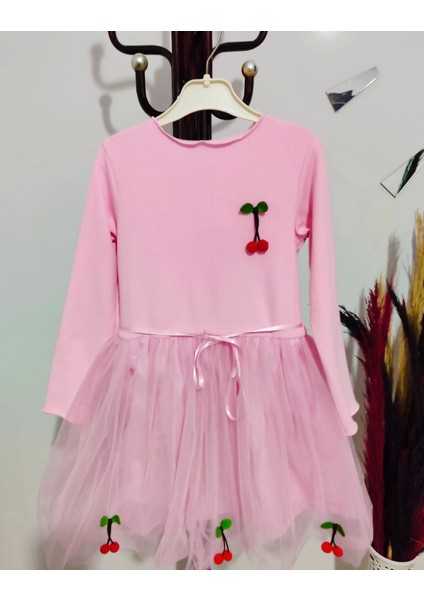 Kiraz Desenli Kurdela Kuşaklı Astarlı Uzun Kollu Kız Çocuk Tütü Elbise Pembe
