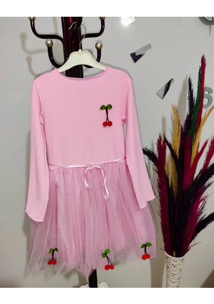 Kiraz Desenli Kurdela Kuşaklı Astarlı Uzun Kollu Kız Çocuk Tütü Elbise Pembe