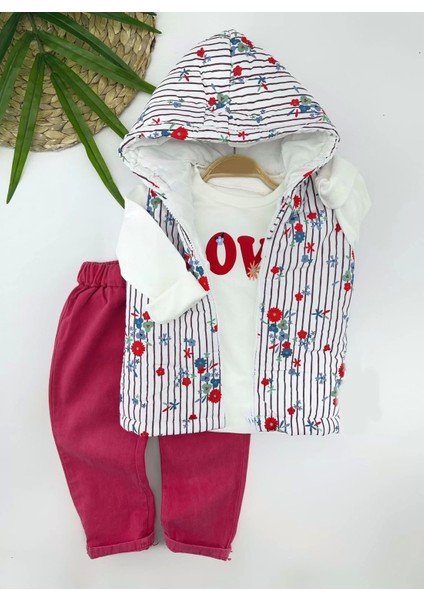 Kapşonlu Fermuarlı Çiçekli Şişme Yelek Sweat Pantolonlu 3lü Kız Erkek Çocuk Takımı