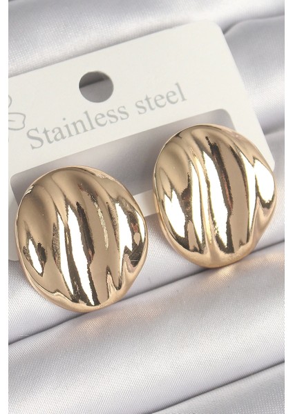 Pirinç Gold Renk Işlemeli Daire Plaka Model Kadın Küpe