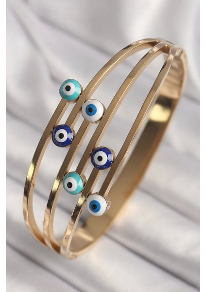 316L Çelik Gold Renk Nazar Boncuklu Kaburga Model Kadın Kelepçe