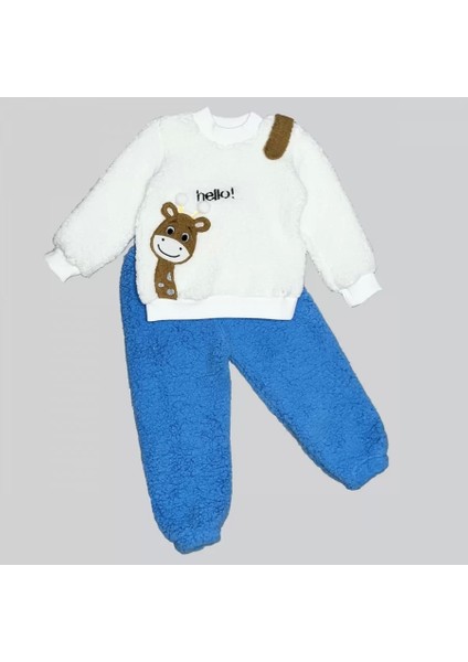 1-2-3 Yaş Hello Zürafa Nakışlı Kuzu Kumaş Sweat Pantolon Uzun Kollu Kız Erkek 2 Li Takımı