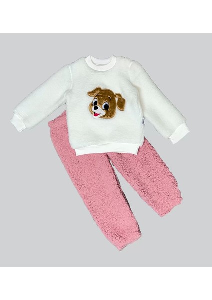 1-2-3 Yaş Mutlu Köpekcik Nakışlı Kuzu Kumaş Sweat Patili Pantolon Uzun Kollu Kız Erkek 2 Li Takımı