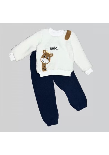 1-2-3 Yaş Hello Zürafa Nakışlı Kuzu Kumaş Sweat Pantolon Uzun Kollu Kız Erkek 2 Li Takımı