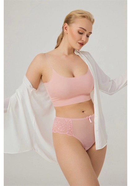 Dantelli Tül Detaylı Büyük Beden Kadın Brezilya Kilot--Pudra