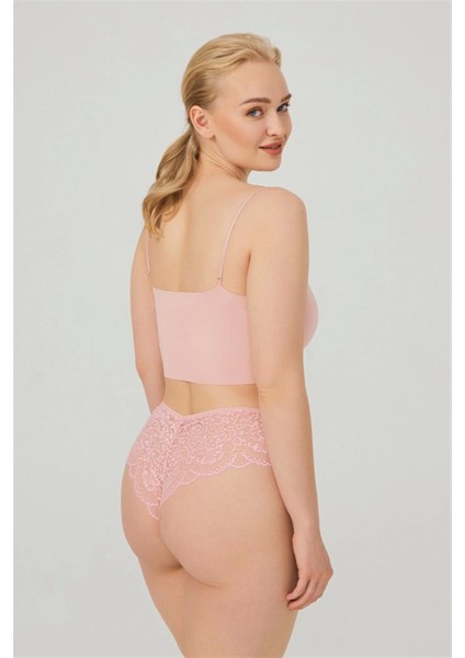 Dantelli Tül Detaylı Büyük Beden Kadın Brezilya Kilot--Pudra fiyatları