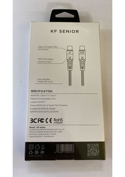 Senıor S9. C-C Type-C - Type-C Kablo 1.2mt 65WATT Pd