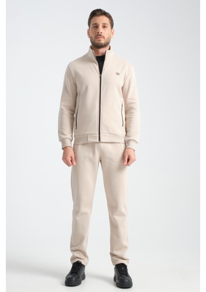 Bej Kışlık Erkek Eşofman Takımı Thermosoft Teknolojisi Içi Kuzu Görünümlü Regular Kalıp