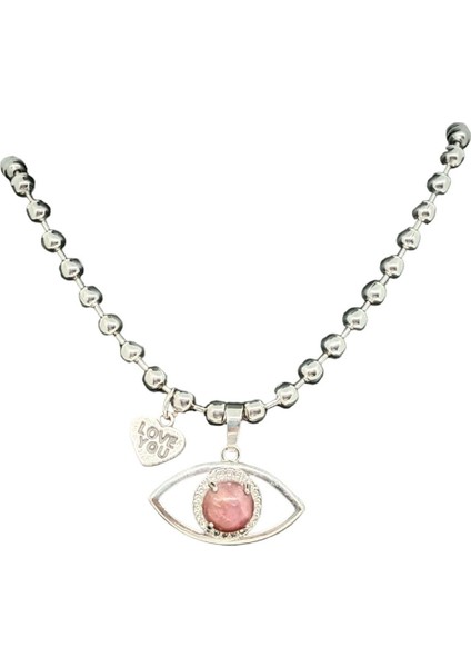 Doğaltaş Pembe Kuvars Gümüş Göz Uçlu Kolye