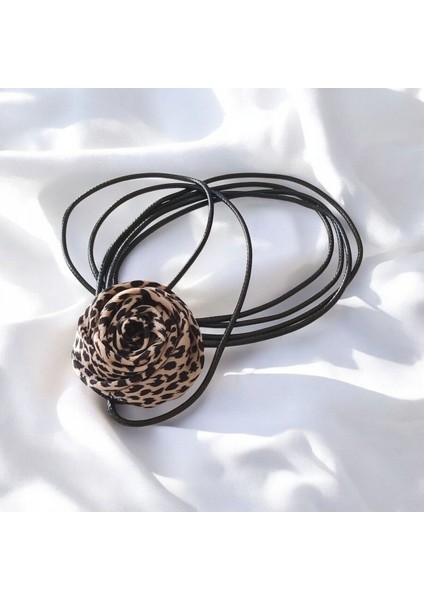 Leopar Desenli Gül Choker Mum Ip Choker Kolye (Ip Uzunluğu 140 Cm)