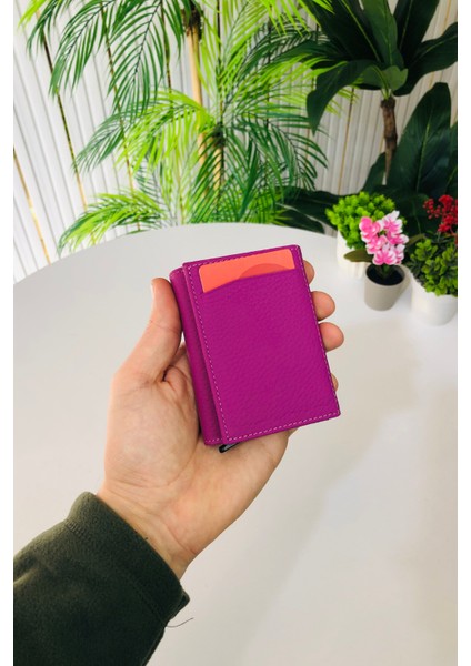 Unisex Mat Lila Deri Otomatik Mekanizmalı Kişiye Özel Kartlık Cüzdan