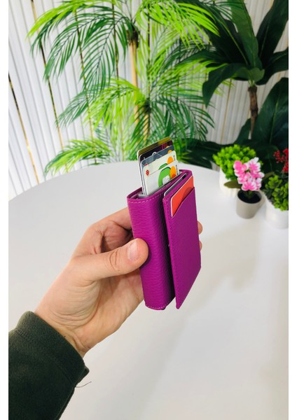 Unisex Mat Lila Deri Otomatik Mekanizmalı Kişiye Özel Kartlık Cüzdan modelleri