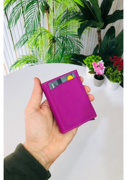 Unisex Mat Lila Deri Otomatik Mekanizmalı Kişiye Özel Kartlık Cüzdan fiyatları