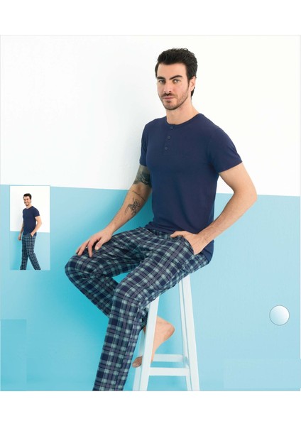 Marka Modal Kumaş Düğmeli Yaka Kare Desenli Lacivert Renk Erkek Pijama Takımı 250158