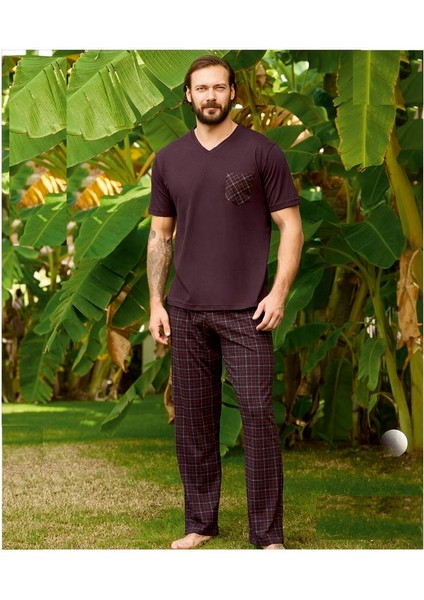Marka %100 Pamuk V Yaka Kare Desenli Bordo Renk Erkek Pijama Takımı 240338