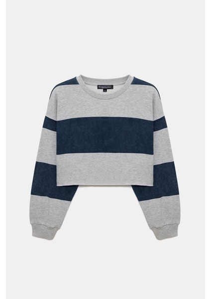 Çizgili Kapüşonlu Crop Sweatshirt