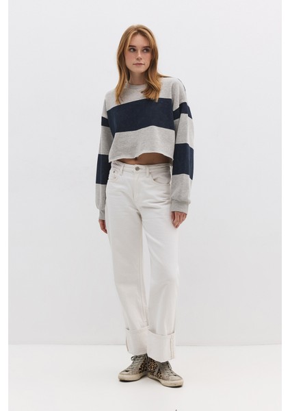 Çizgili Kapüşonlu Crop Sweatshirt